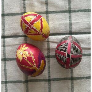 Vintage Hand Painted Blown Real Eggs Easter Graphic Floral Abstract Pink Yellow